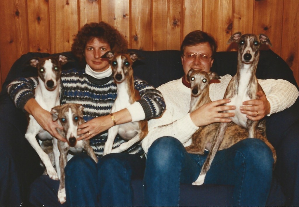 Mark and Kay and five whippets