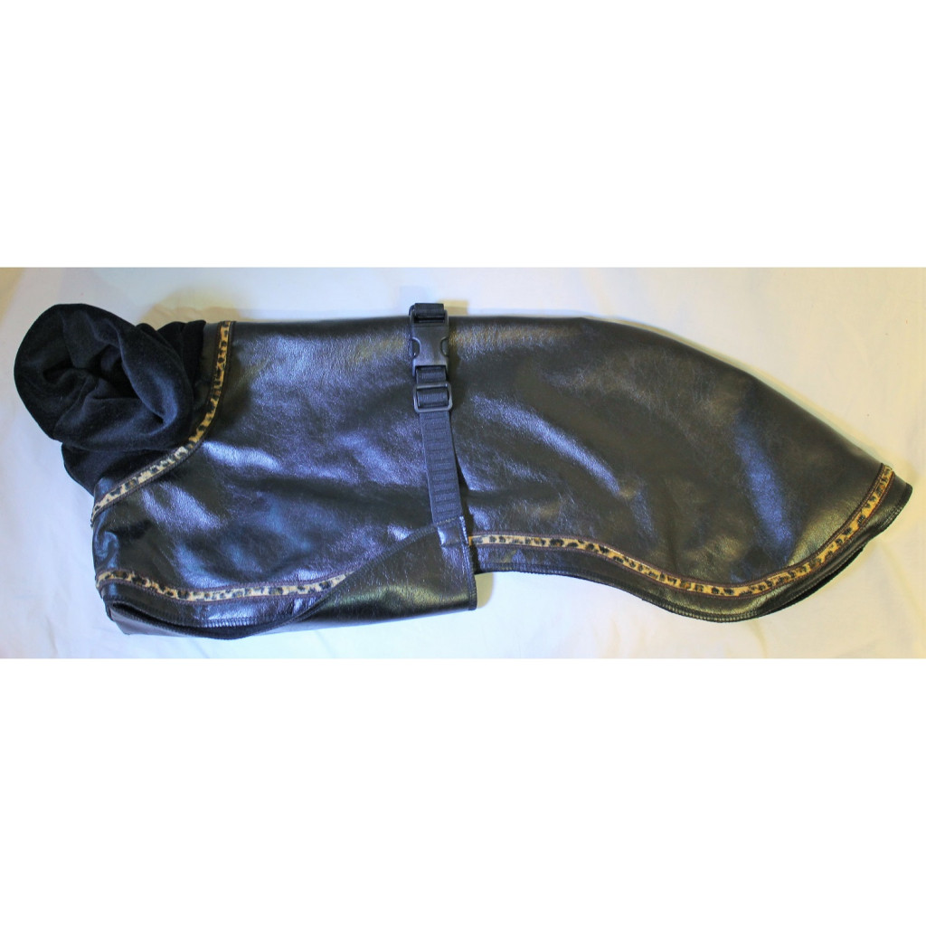 Pleather whippet coat with animal trim